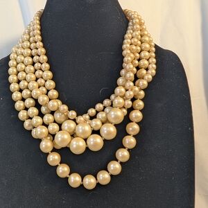 J.Crew Multi-Strand Faux Pearl Statement Necklace – Graduated Gold Tones